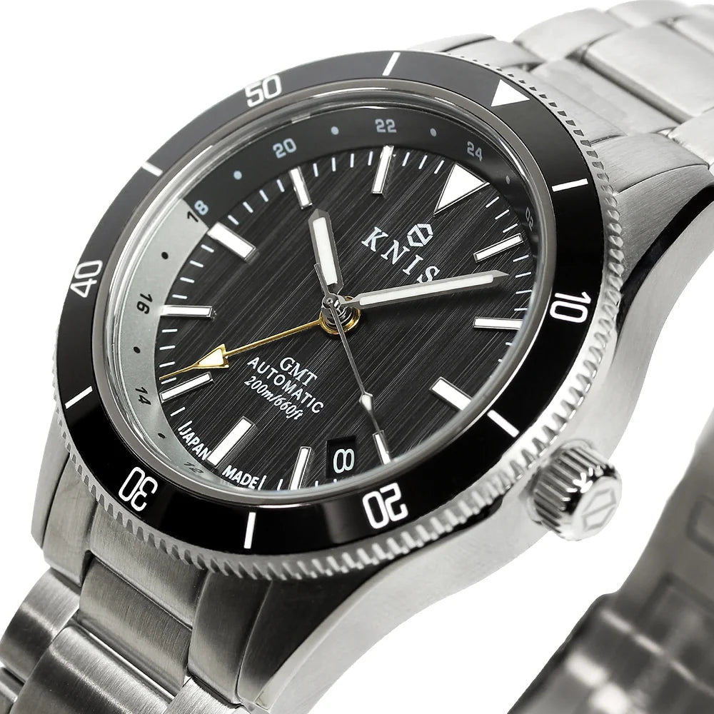 KNIS GMT Automatic Divers Watch Black / Stainless Steel Bracelet (KN007-BK)
