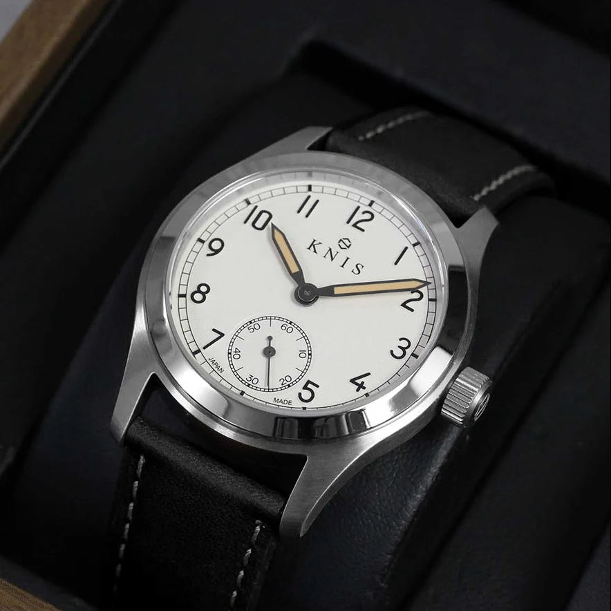 KNIS Retro Military Watch - Off-White Dial with Black Leather Strap KN003-WHBKLE