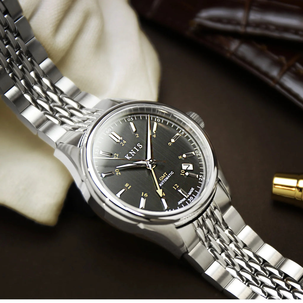 KNIS Classic GMT Automatic Silver / Rice Beads Bracelet (KN008-SVRC) - Black