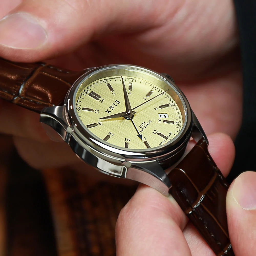 KNIS Classic GMT Automatic Champagne Gold / Brown Leather Strap (KN008-SGBRLE)