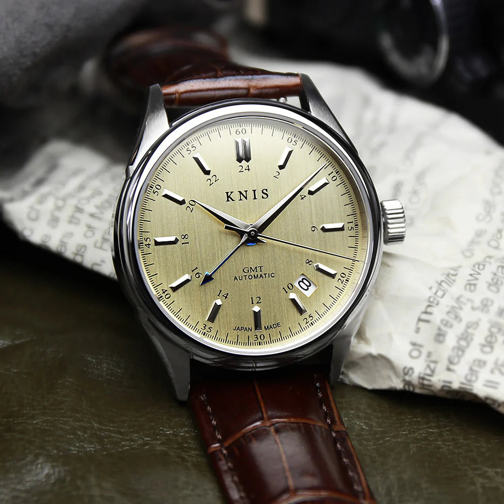KNIS Classic GMT Automatic Champagne Gold / Brown Leather Strap (KN008-SGBRLE)