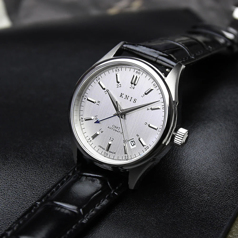 KNIS Classic GMT Automatic Silver / Black Leather Strap (KN008-SVBKLE)