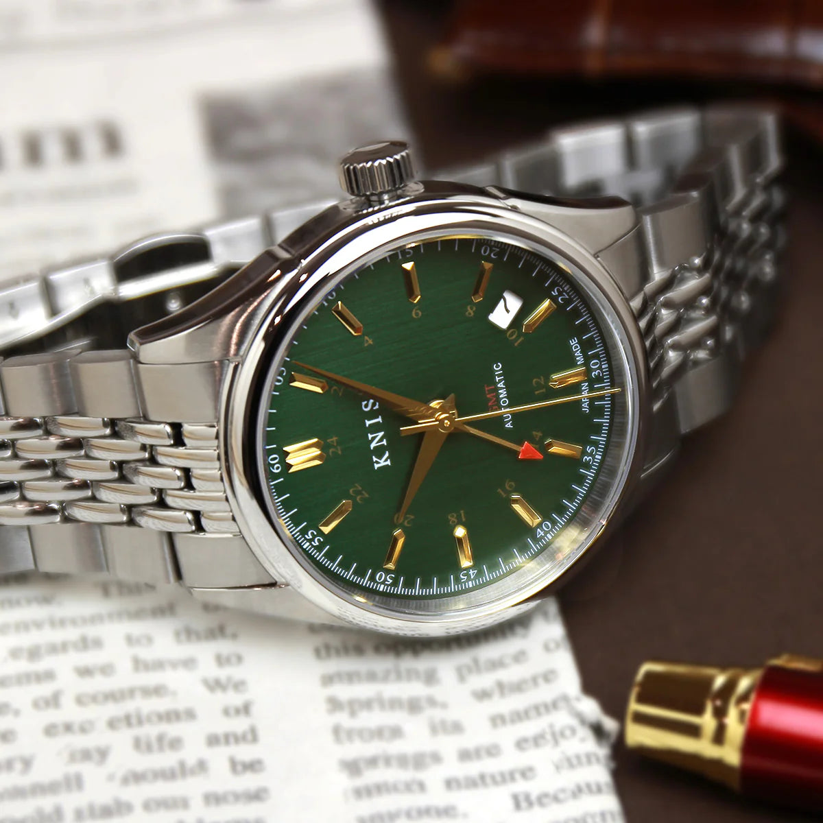 KNIS Classic GMT Automatic Green / Rice Beads Bracelet (KN008-GRRC)