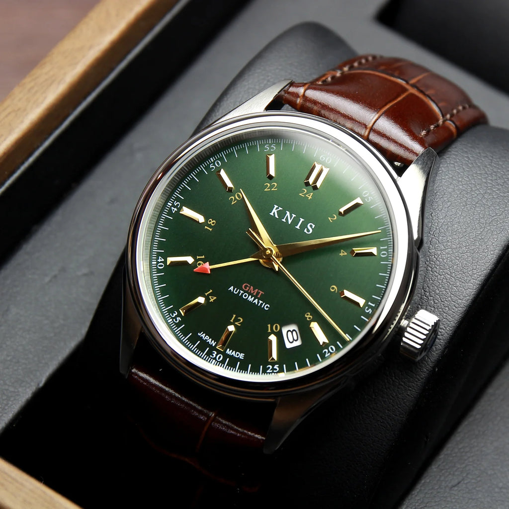 KNIS Classic GMT Automatic Green / Brown Leather Strap (KN008-GRBRLE)