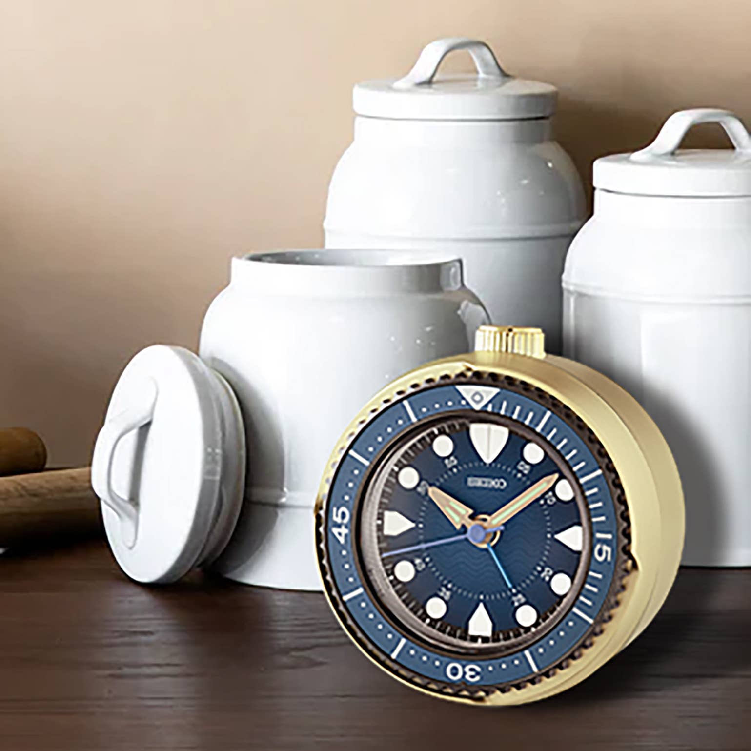 Mai Modern Alarm Clock, Rotating Bezel, GOLD/ BLUE FACE