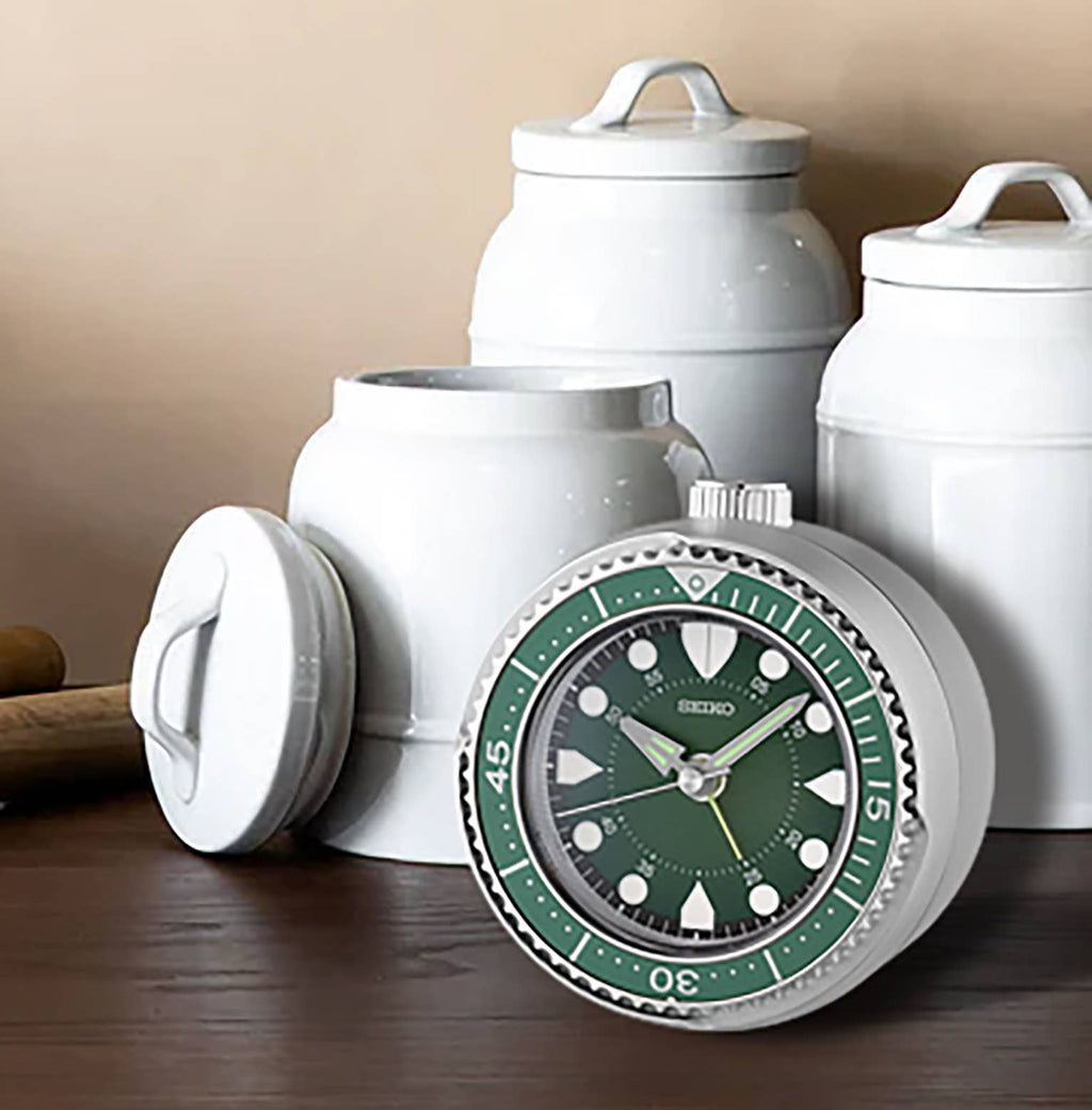 Mai Modern Alarm Clock, Rotating Bezel, Green/silver