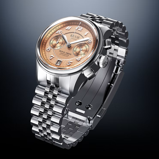 Kuoe ROYAL SMITH 90-012 Automatic Chronograph, Salmon Pink with Breguet Numerals