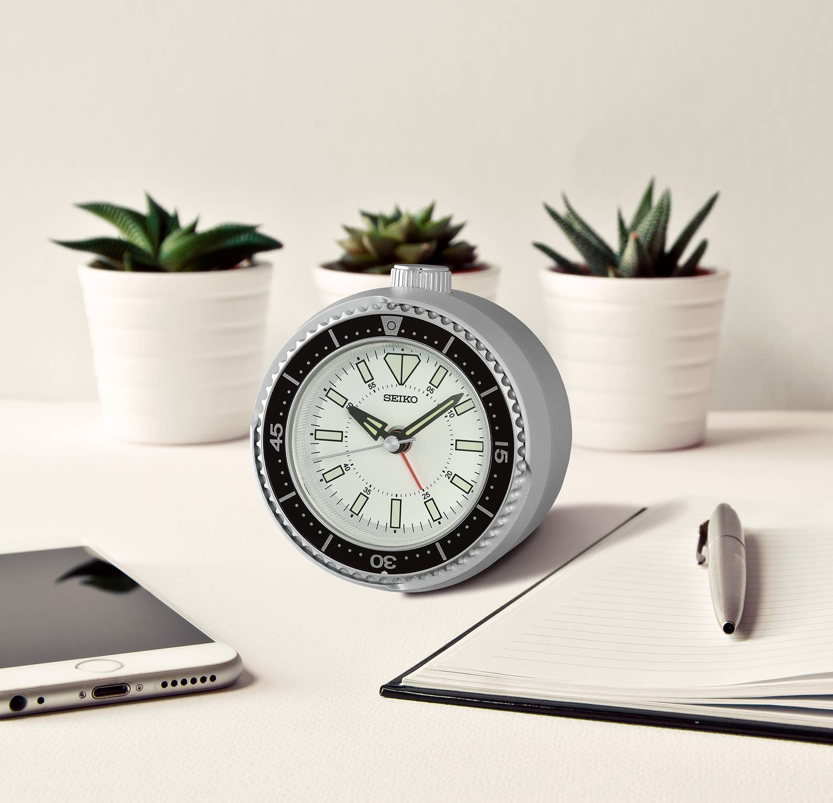 Mai Modern Alarm Clock, Rotaing Bezel Fidget, silver/white