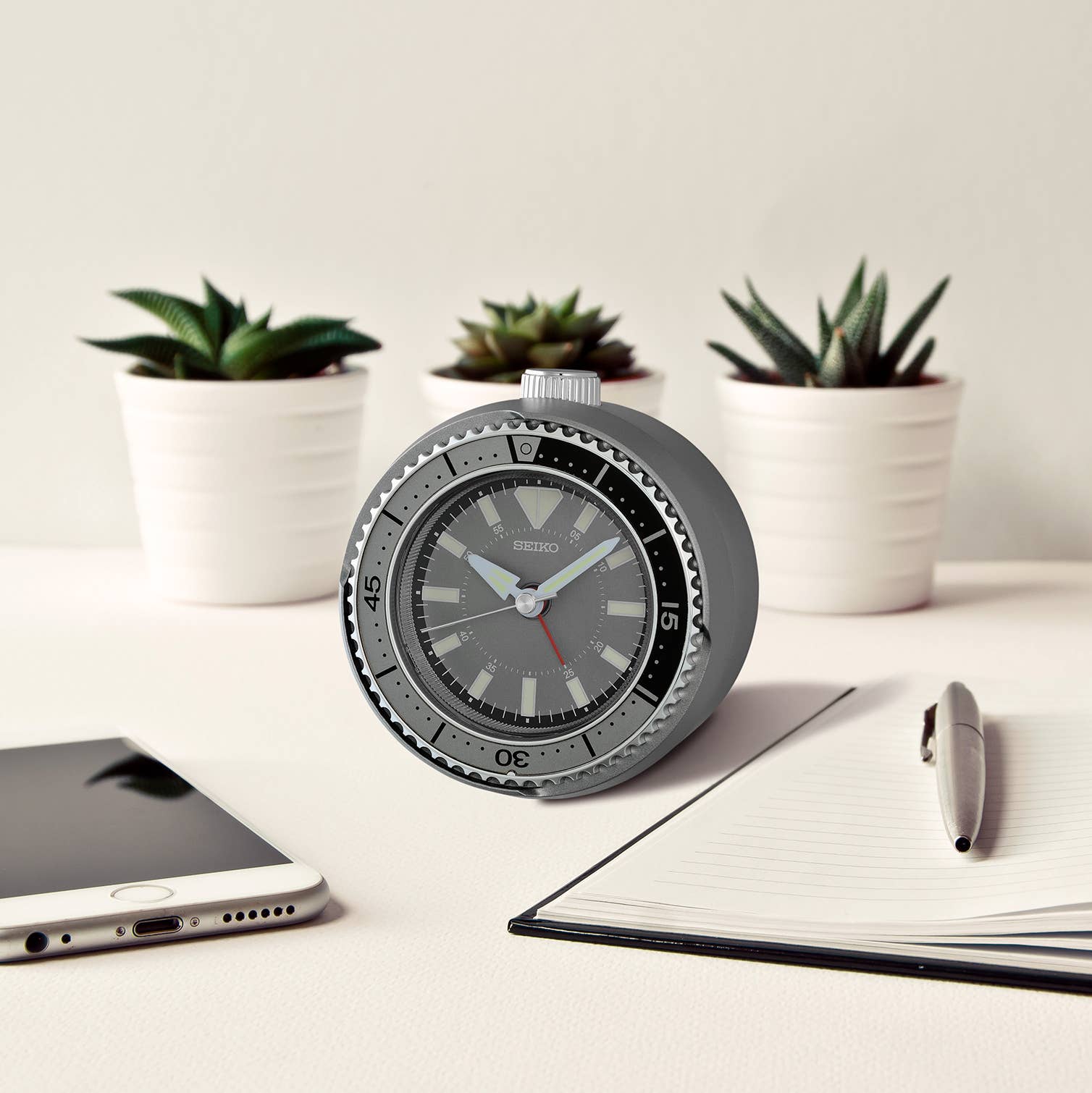 Mai Modern Alarm Clock, Rotating Bezel Fidget, dark silver