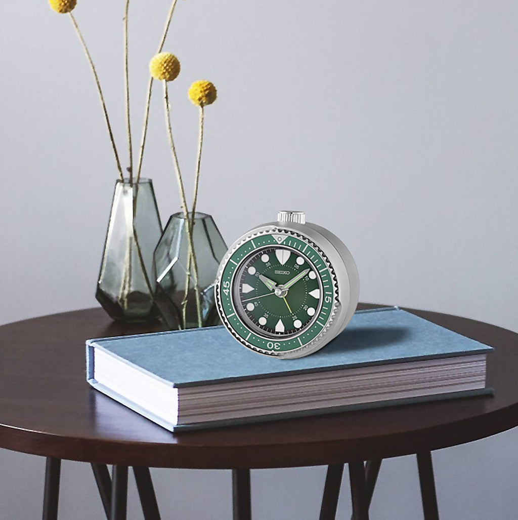 Mai Modern Alarm Clock, Rotating Bezel, Green/silver